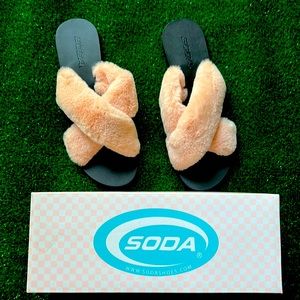 Fuzzy Pink Soda Sandals